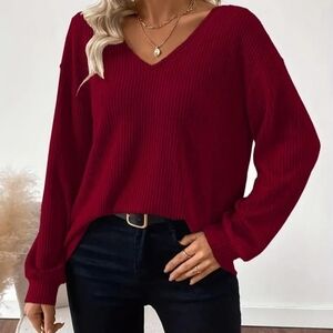 Women's Red V-Neck Dropped Shoulder Back Tye Oversized Sweater